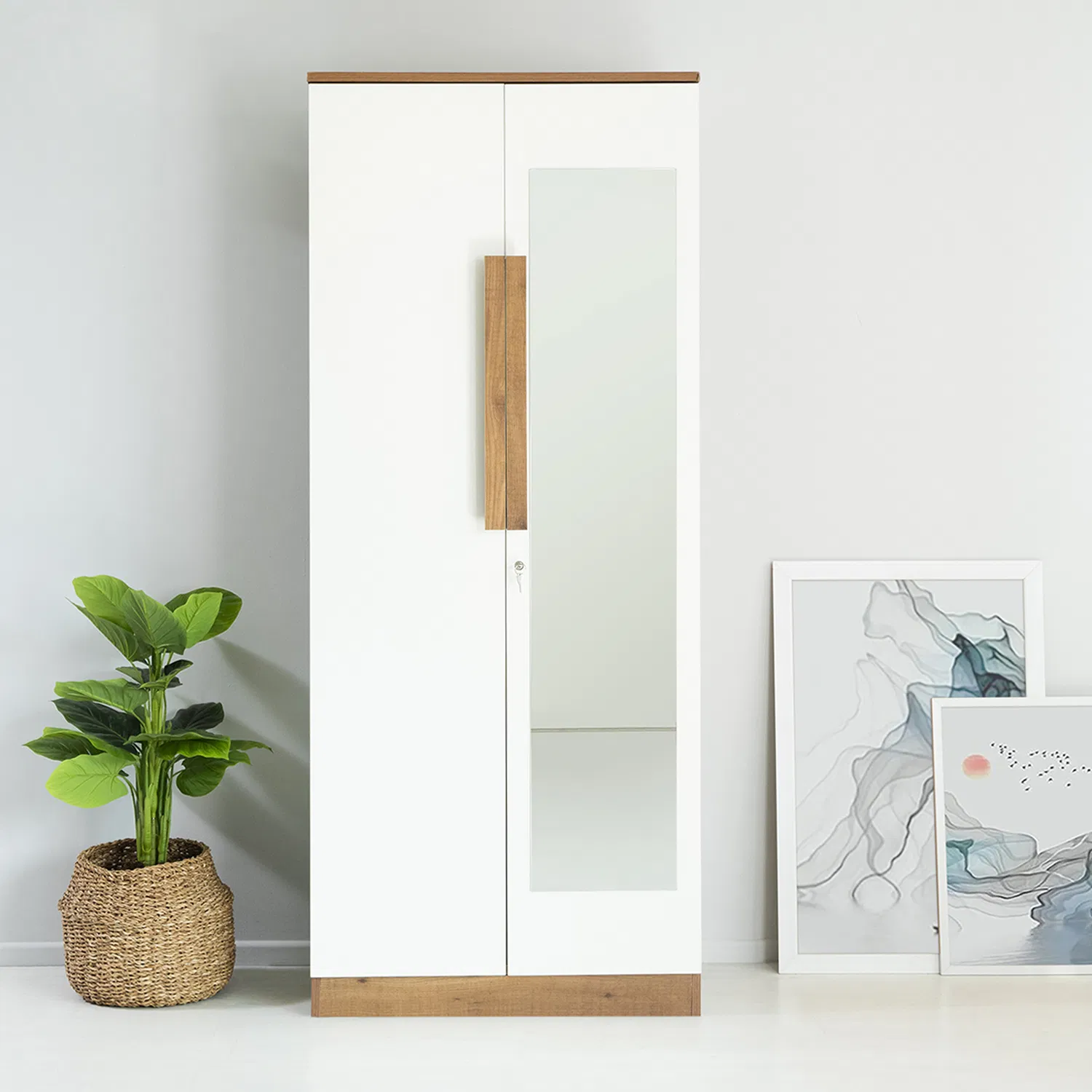 Bianca Engineered Wood 2 Door Wardrobe with Mirror in Ivory White Finish